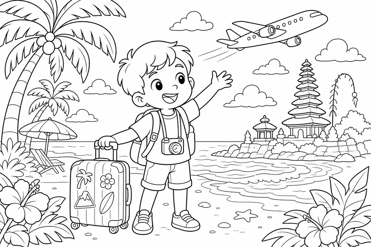 Sample Bali arrival colouring page with a child traveller, plane, palm trees and beach scene