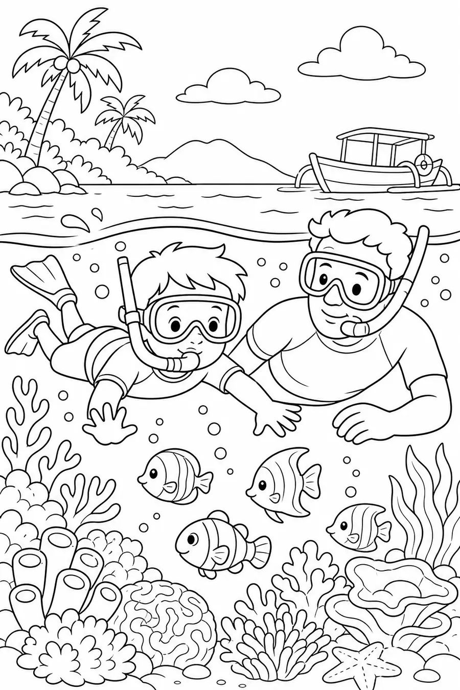 Sample Bali snorkelling colouring page with child and parent supervision